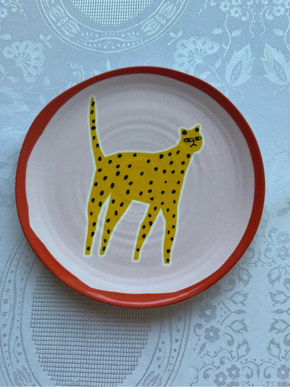 Anthropologie Marcello Velho Folksong Dessert Plate Cat Motif Pink/Orange Folk